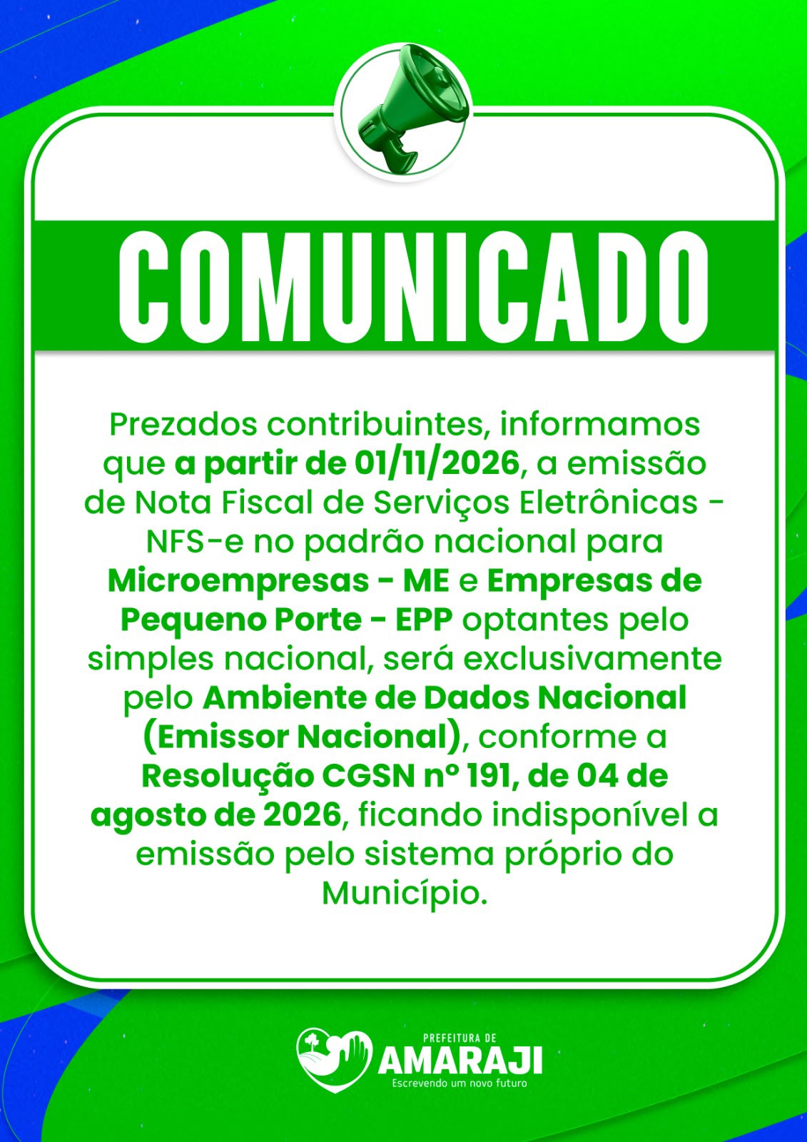 📢 Amaraji informa mudança na emissão de Nota Fiscal de Serviços Eletrônica a partir de novembro